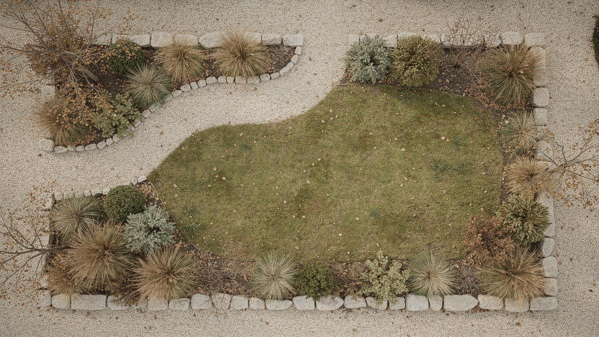 Garden plot with planted borders, a gravel path and a shaped lawn